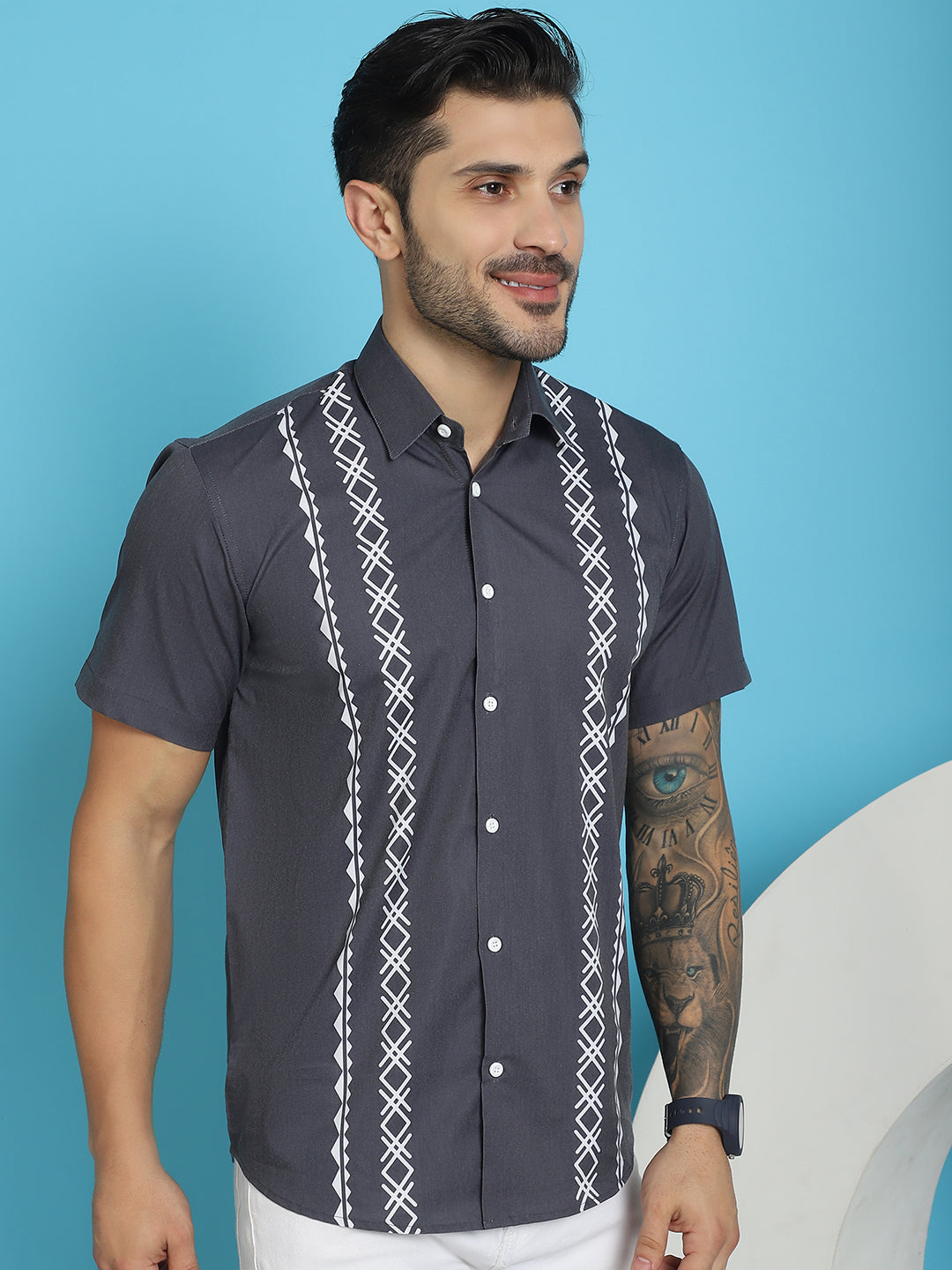 Indian Needle Men's Printed Half Sleeve Lycra Shirt - Charcoal