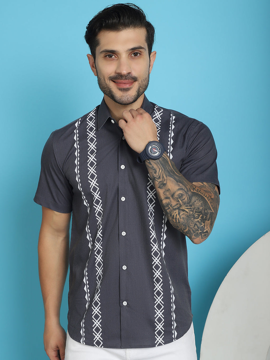 Indian Needle Men's Printed Half Sleeve Lycra Shirt - Charcoal