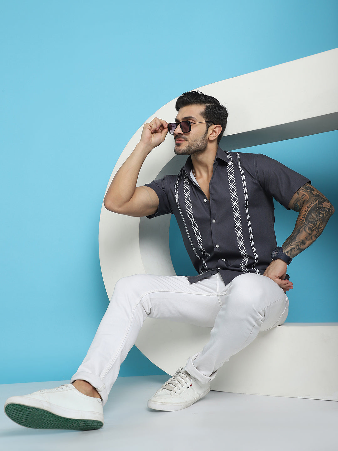 Indian Needle Men's Printed Half Sleeve Lycra Shirt - Charcoal