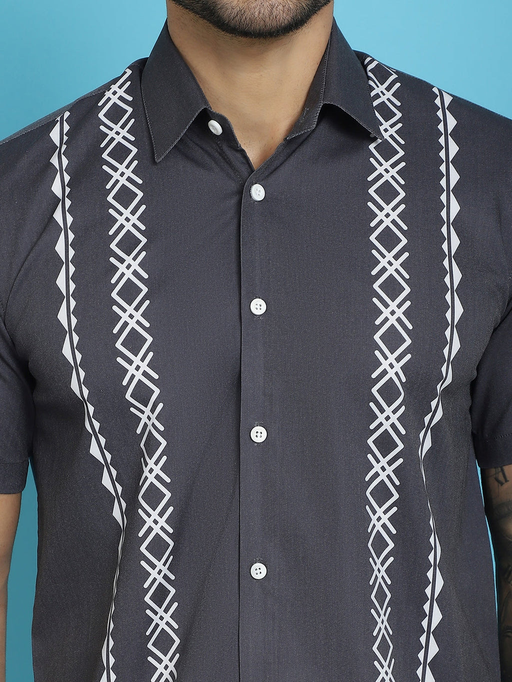 Indian Needle Men's Printed Half Sleeve Lycra Shirt - Charcoal