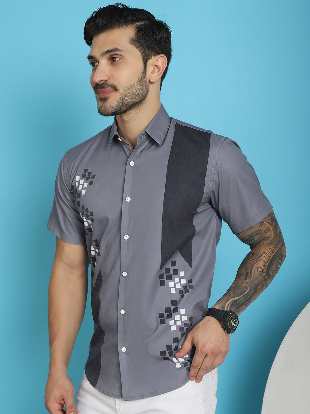 Indian Needle Men's Printed Half Sleeve Lycra Shirt - Grey