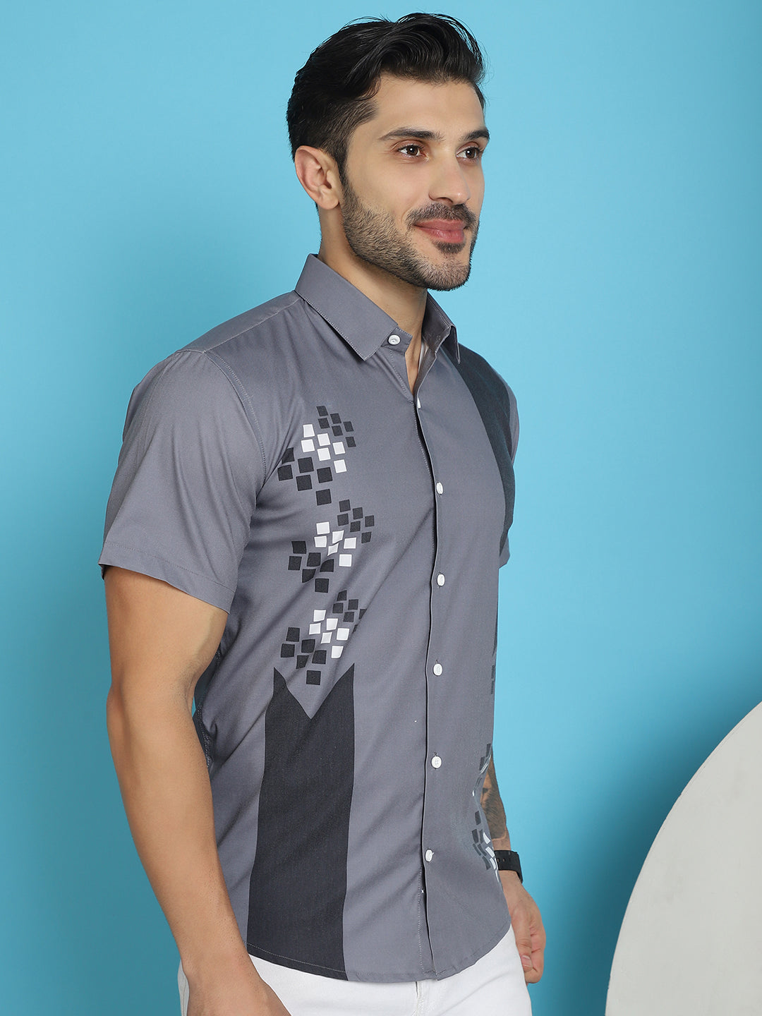 Indian Needle Men's Printed Half Sleeve Lycra Shirt - Grey