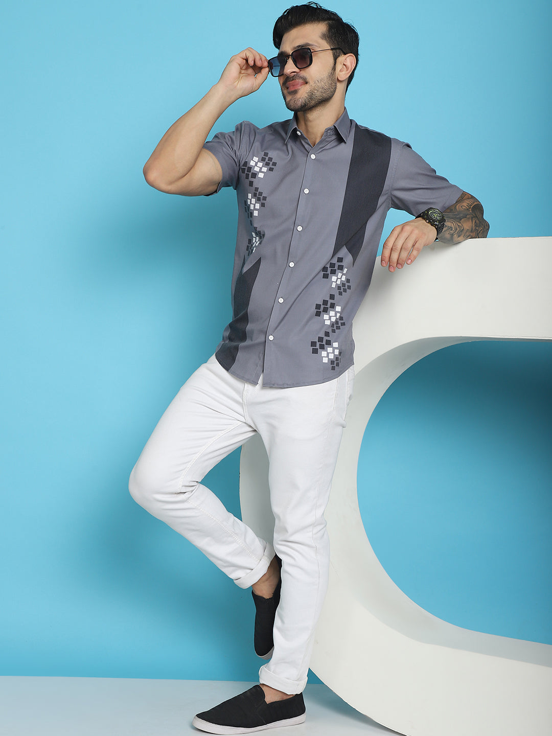 Indian Needle Men's Printed Half Sleeve Lycra Shirt - Grey