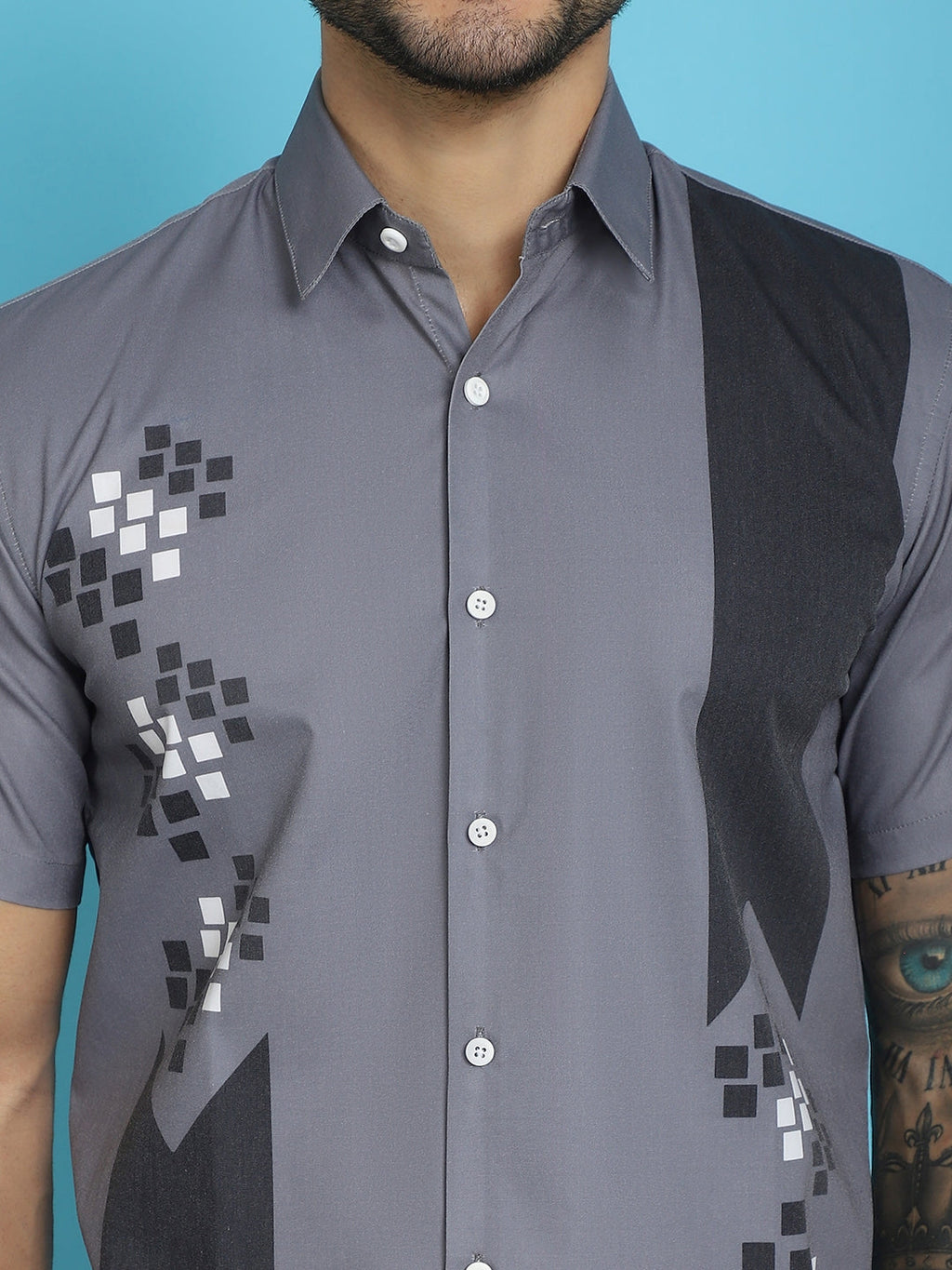 Indian Needle Men's Printed Half Sleeve Lycra Shirt - Grey