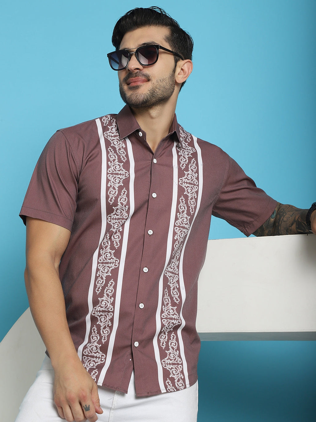 Indian Needle Men's Printed Half Sleeve Lycra Shirt - Magenta
