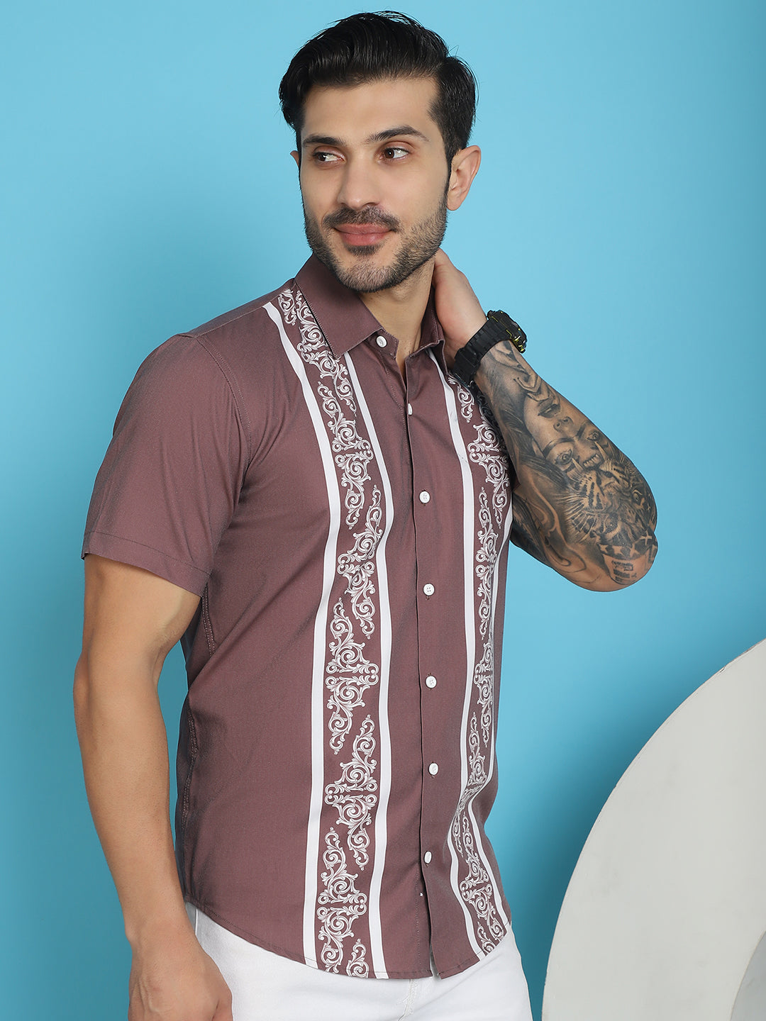 Indian Needle Men's Printed Half Sleeve Lycra Shirt - Magenta