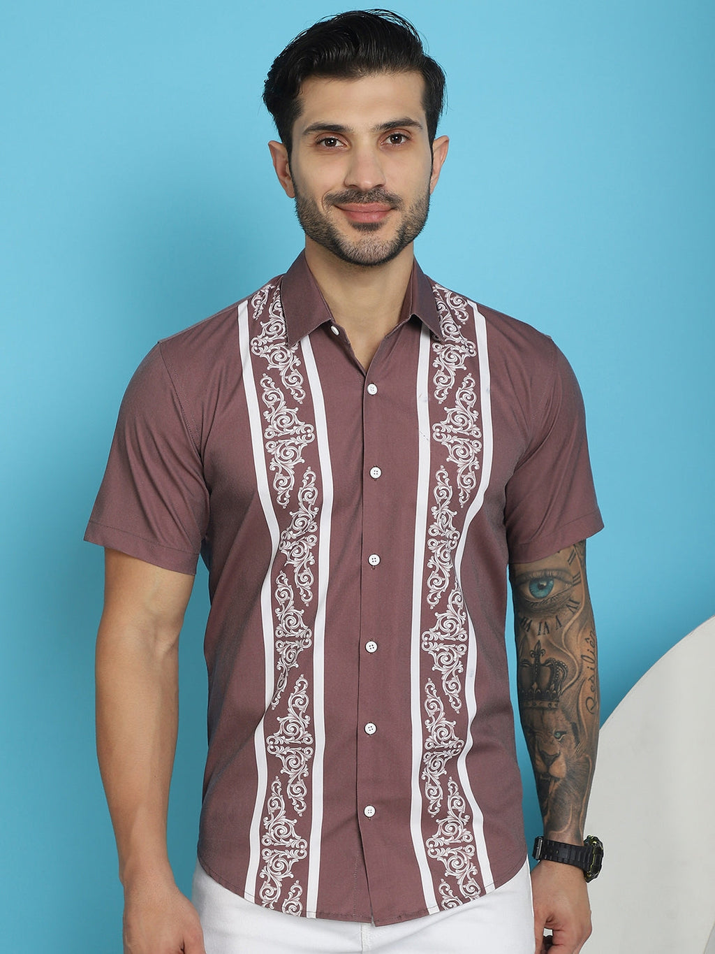 Indian Needle Men's Printed Half Sleeve Lycra Shirt - Magenta