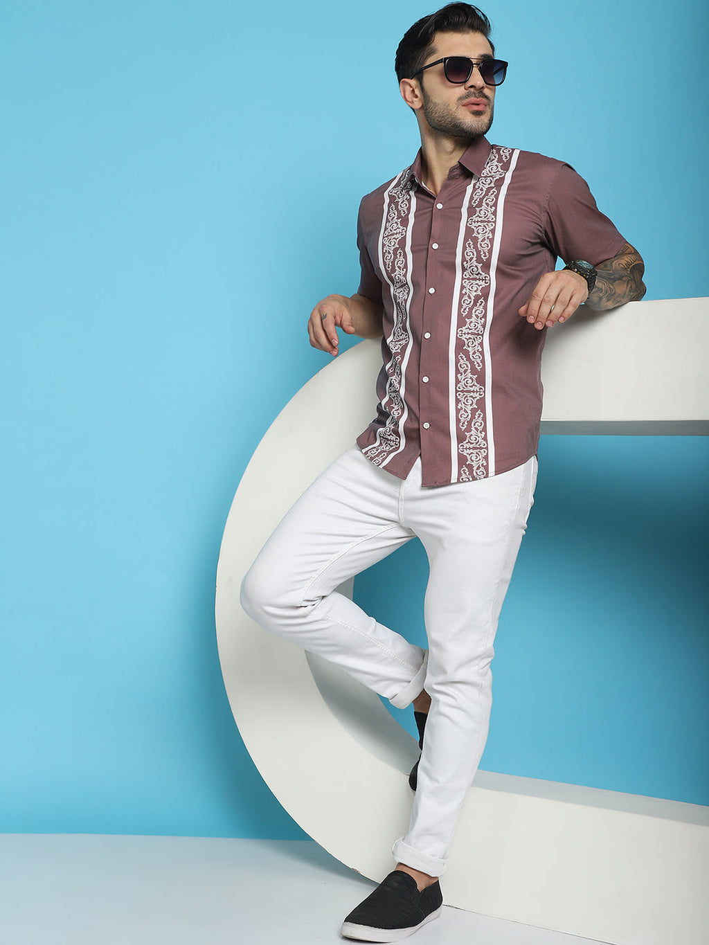 Indian Needle Men's Printed Half Sleeve Lycra Shirt - Magenta