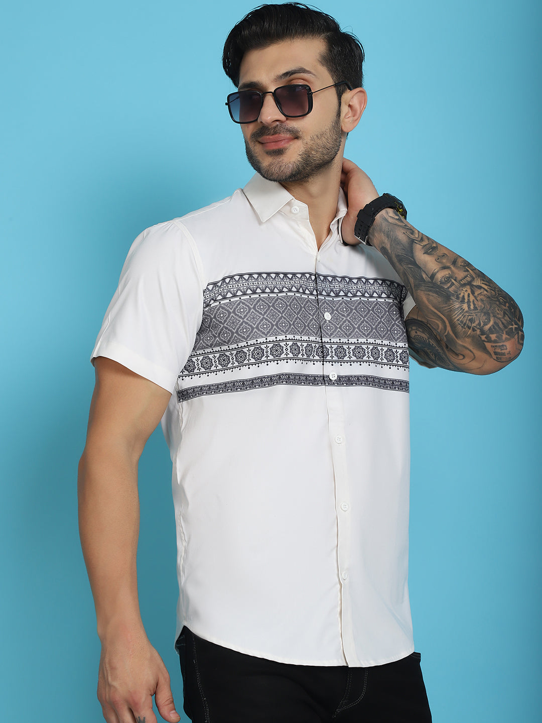 Indian Needle Men's Printed Half Sleeve Lycra Shirt - White