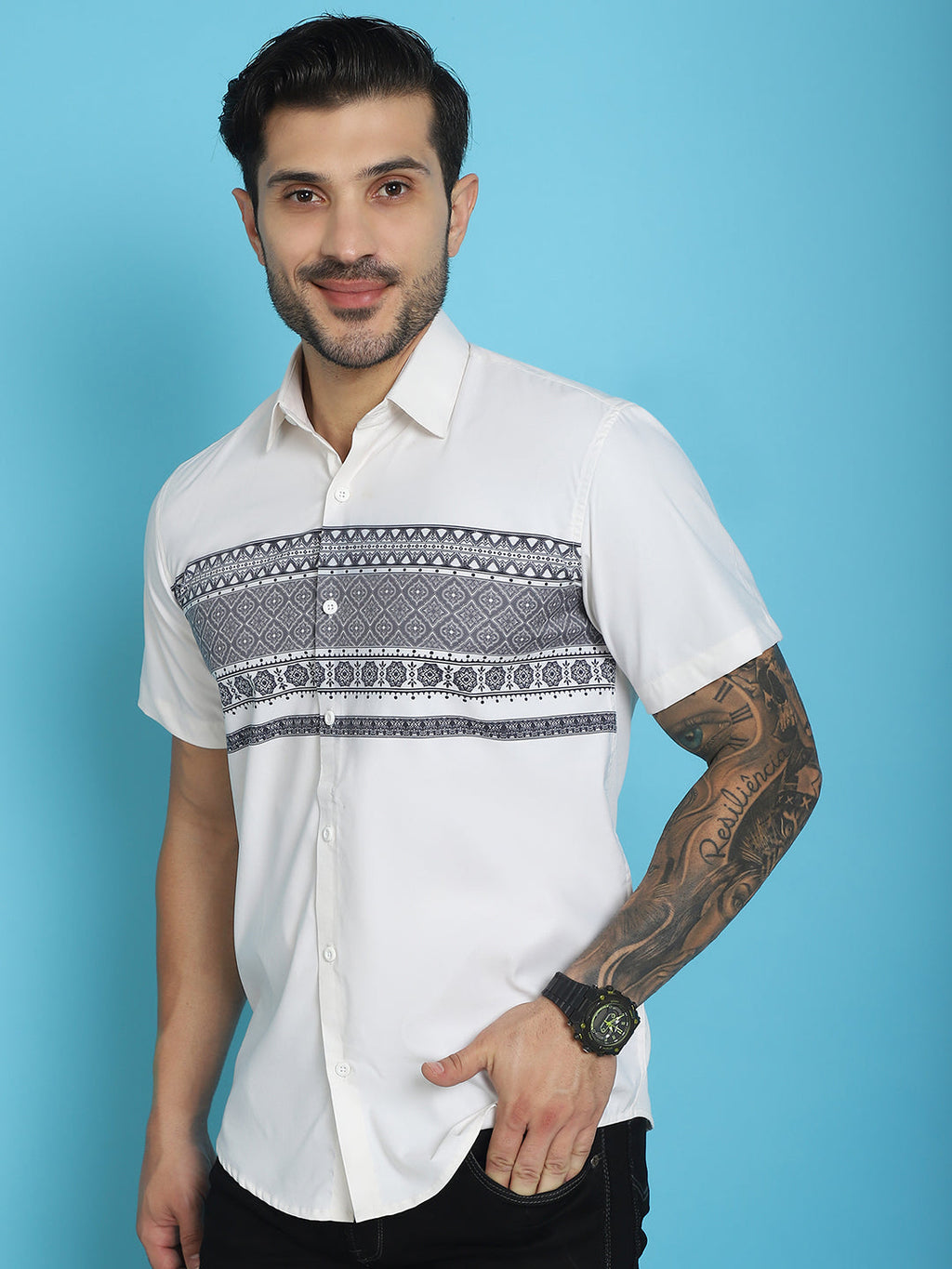 Indian Needle Men's Printed Half Sleeve Lycra Shirt - White