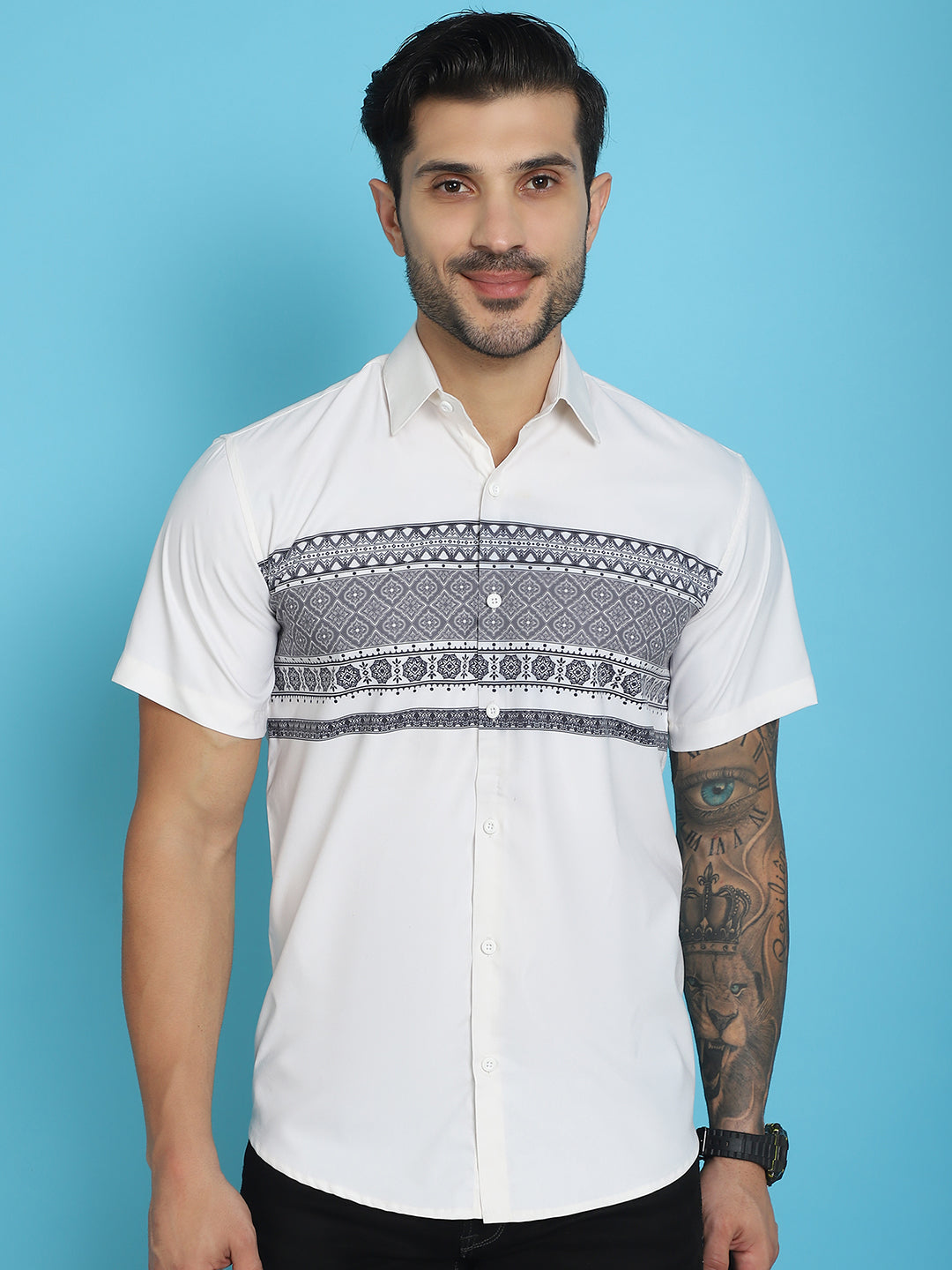 Indian Needle Men's Printed Half Sleeve Lycra Shirt - White