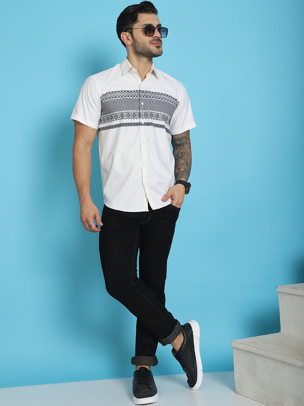 Indian Needle Men's Printed Half Sleeve Lycra Shirt - White