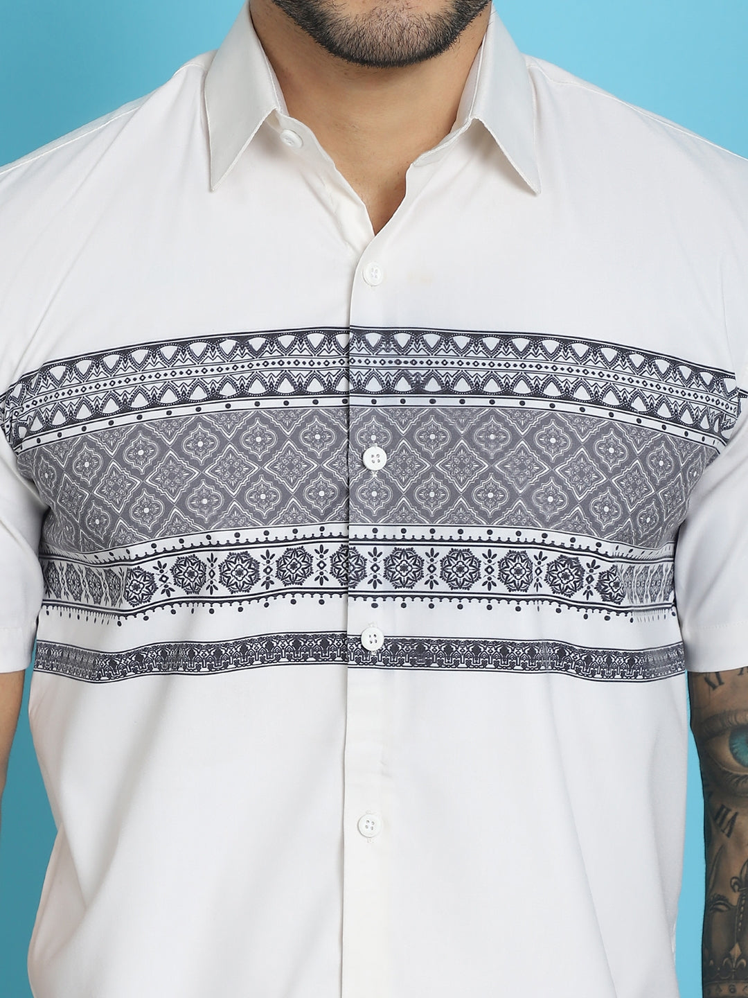 Indian Needle Men's Printed Half Sleeve Lycra Shirt - White
