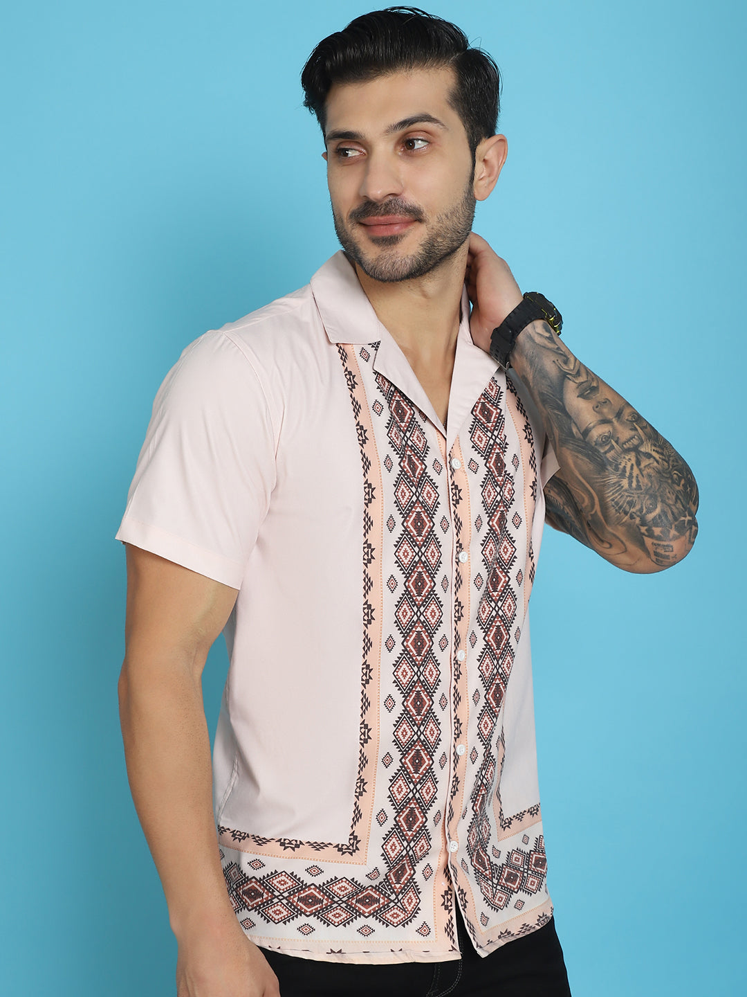 Indian Needle Men's Printed Half Sleeve Lycra Shirt - Pink