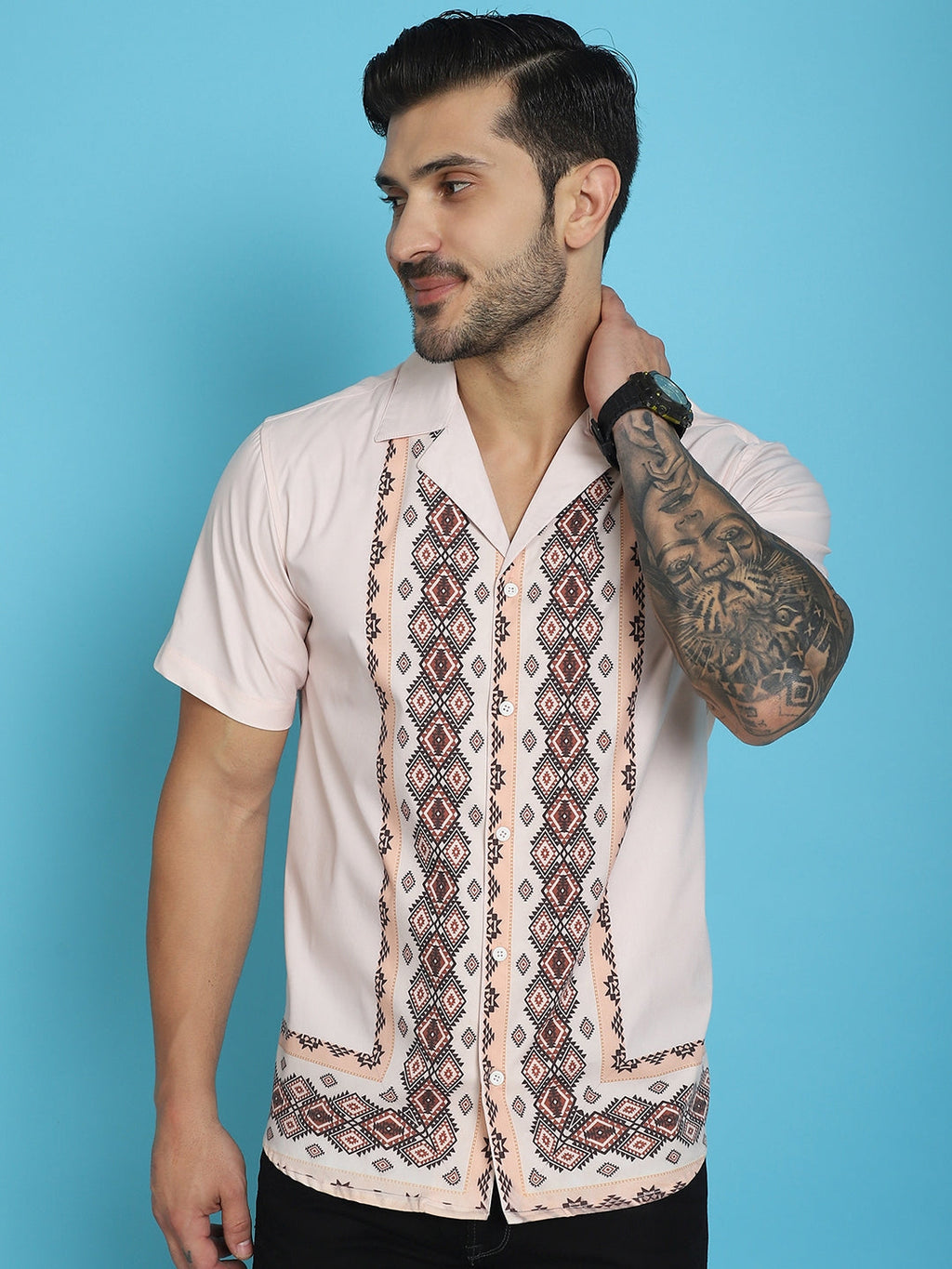 Indian Needle Men's Printed Half Sleeve Lycra Shirt - Pink