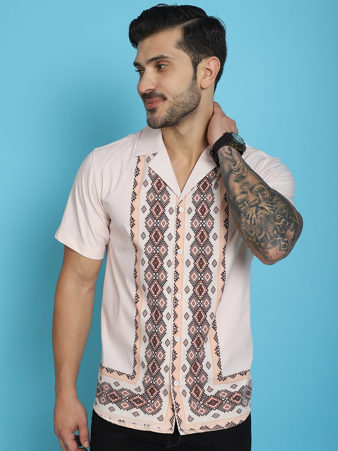 Indian Needle Men's Printed Half Sleeve Lycra Shirt - Pink