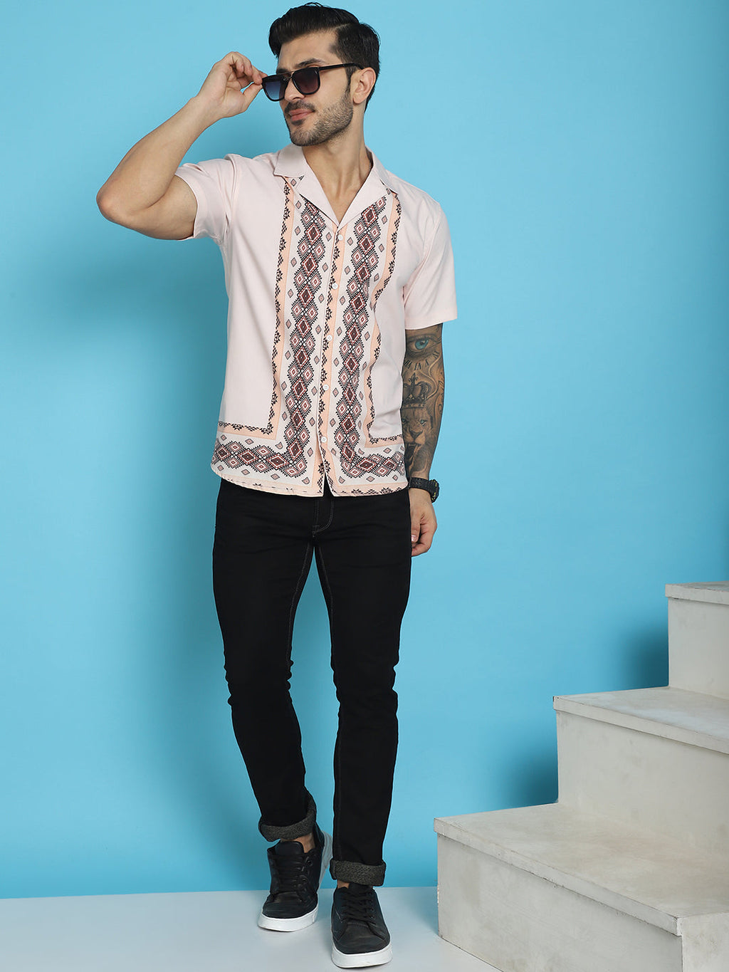 Indian Needle Men's Printed Half Sleeve Lycra Shirt - Pink