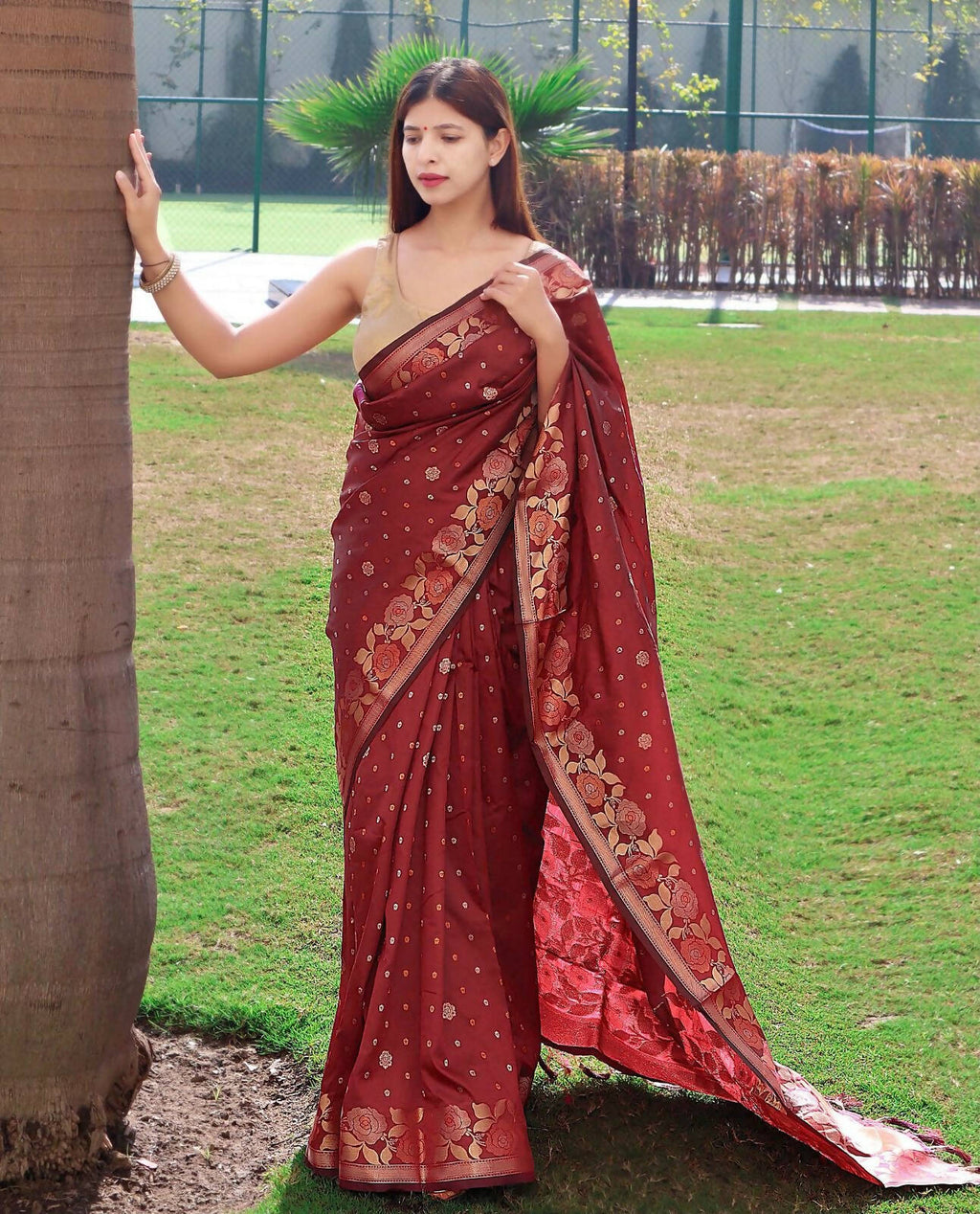 DEIANA'S Beautiful Designer Golden zari Soft Lichi Silk Saree - Red