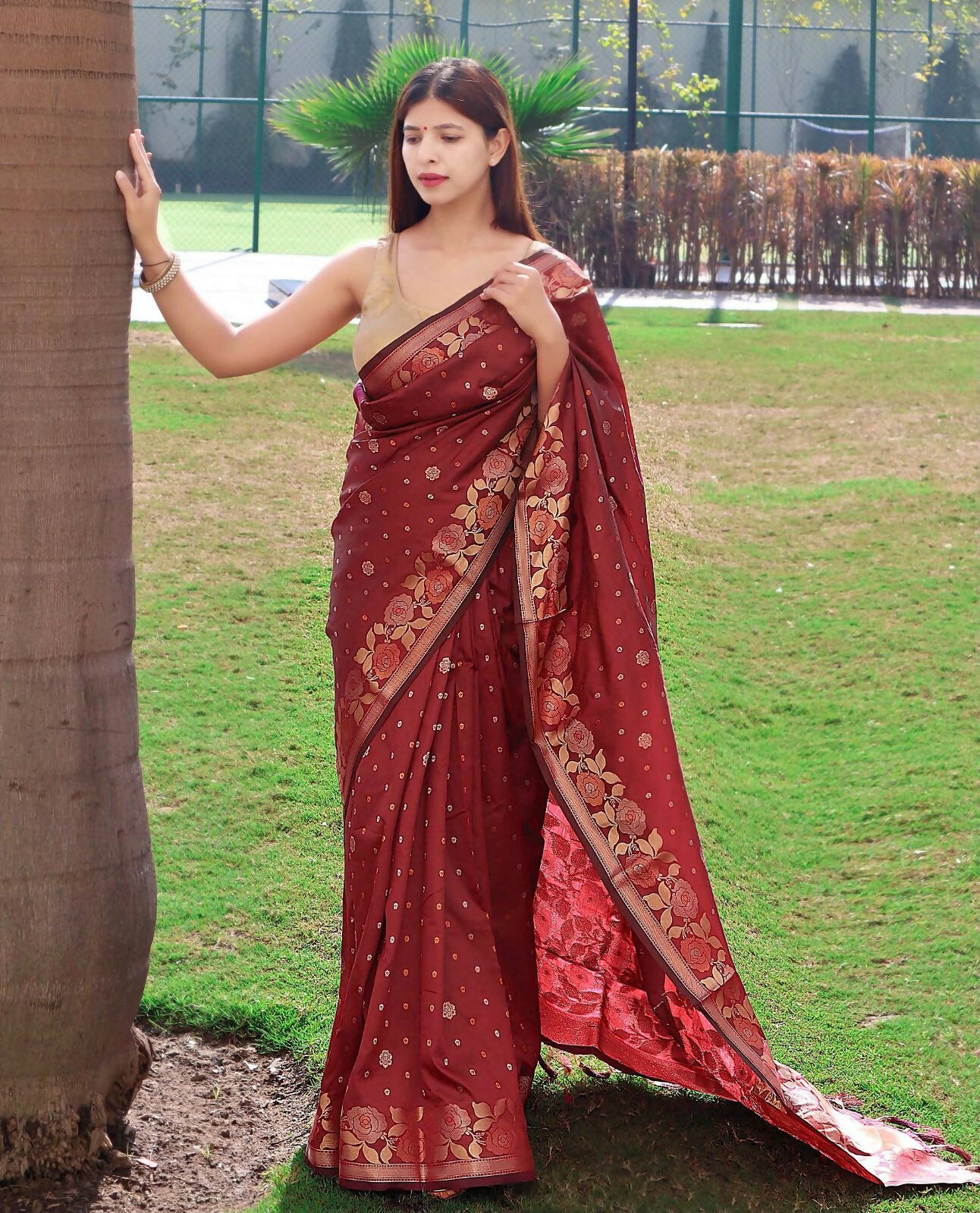 DEIANA'S Beautiful Designer Golden zari Soft Lichi Silk Saree - Red