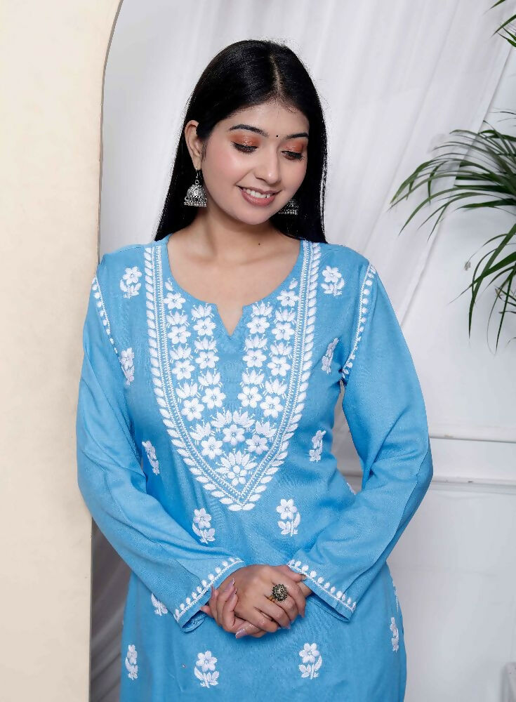Miravan Womens Blue Embroidered Kurta With Palazzo - Distacart