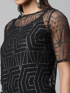 Ahalyaa Womens Black Crepe & Net Glitter Print Jumpsuit - Distacart