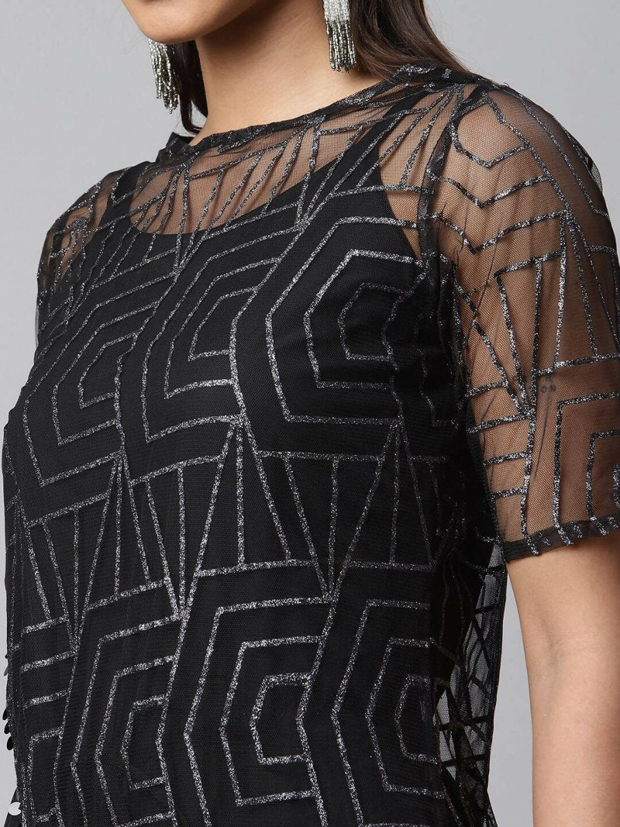 Ahalyaa Womens Black Crepe & Net Glitter Print Jumpsuit - Distacart