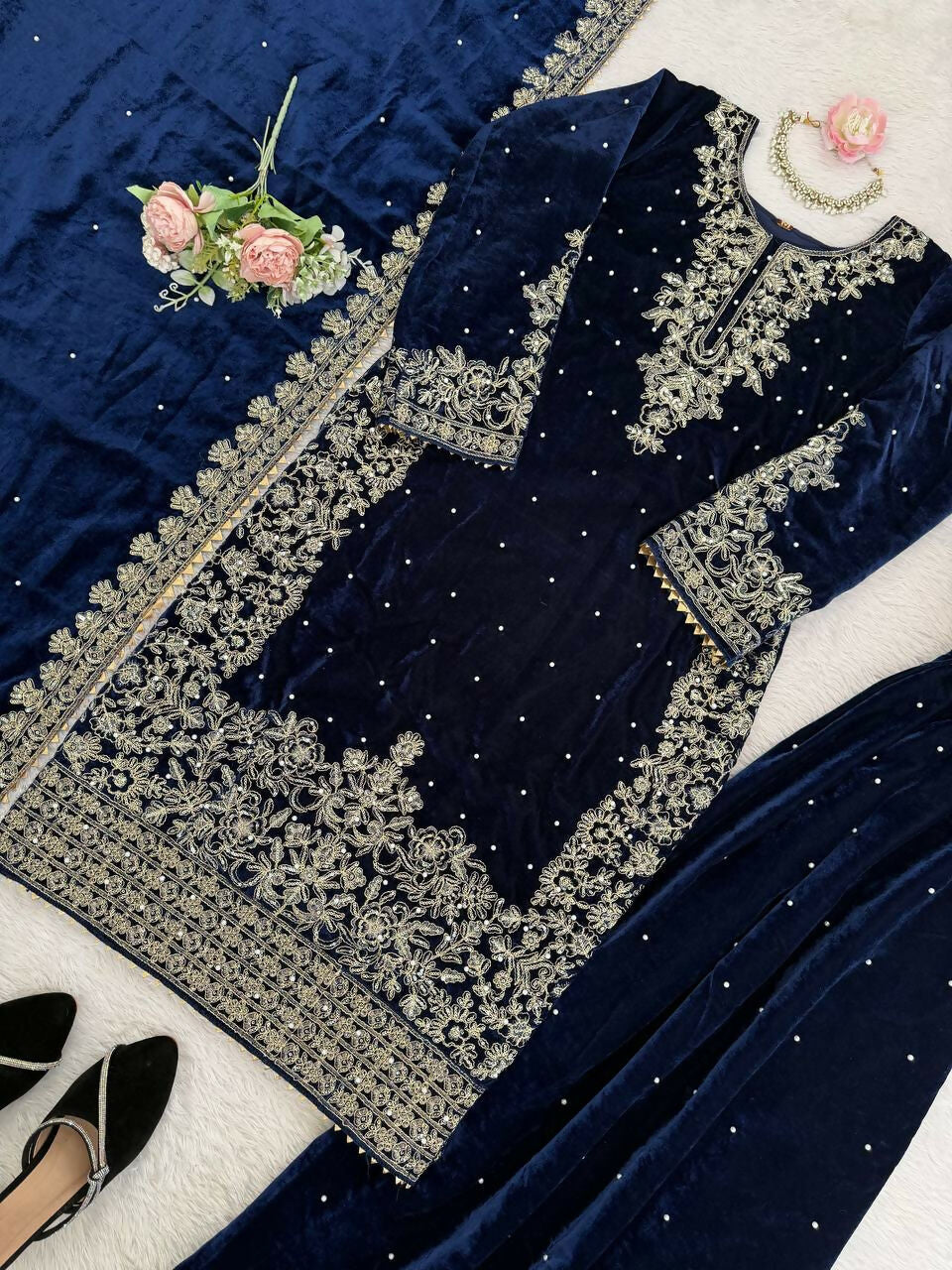 Vastranavya Blue Viscose Velvet Cording Sequence With Moti Work Top-Bottom With Dupatta - Distacart