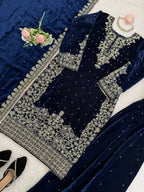 Vastranavya Blue Viscose Velvet Cording Sequence With Moti Work Top-Bottom With Dupatta - Distacart