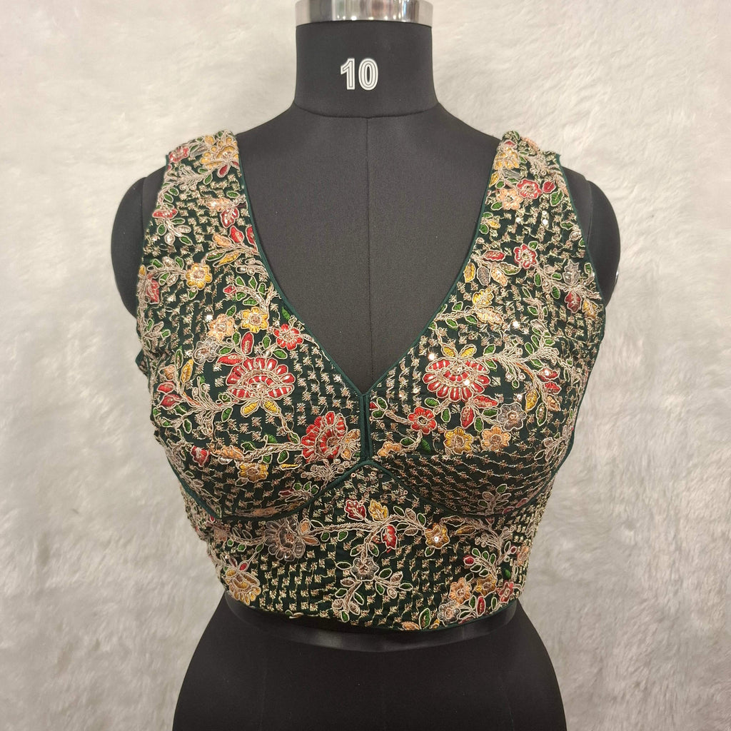 Kia Fashions Bottle Green Georgette Multi Color Emb & Sqn Readymade Blouse - Distacart