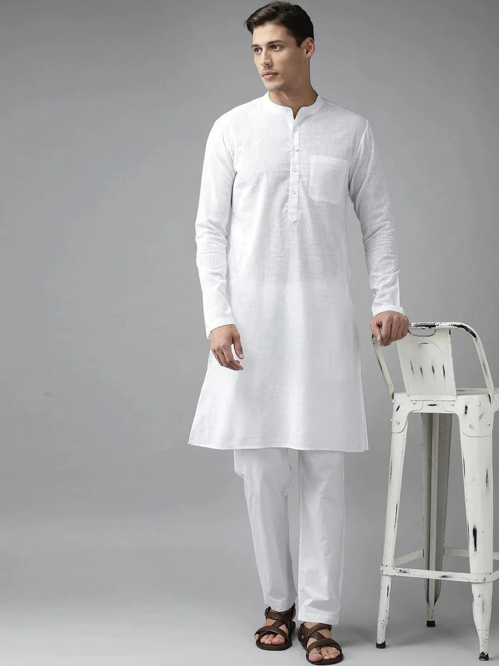 Fabmade Men White Cotton Linen Kurta