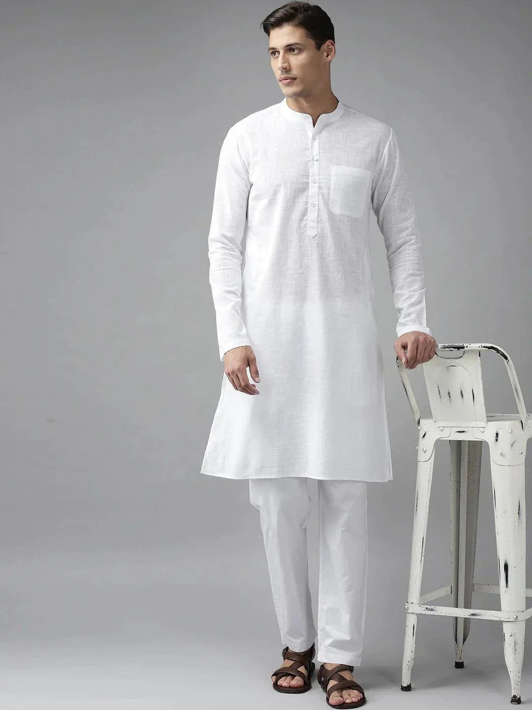 Fabmade Men White Cotton Linen Kurta