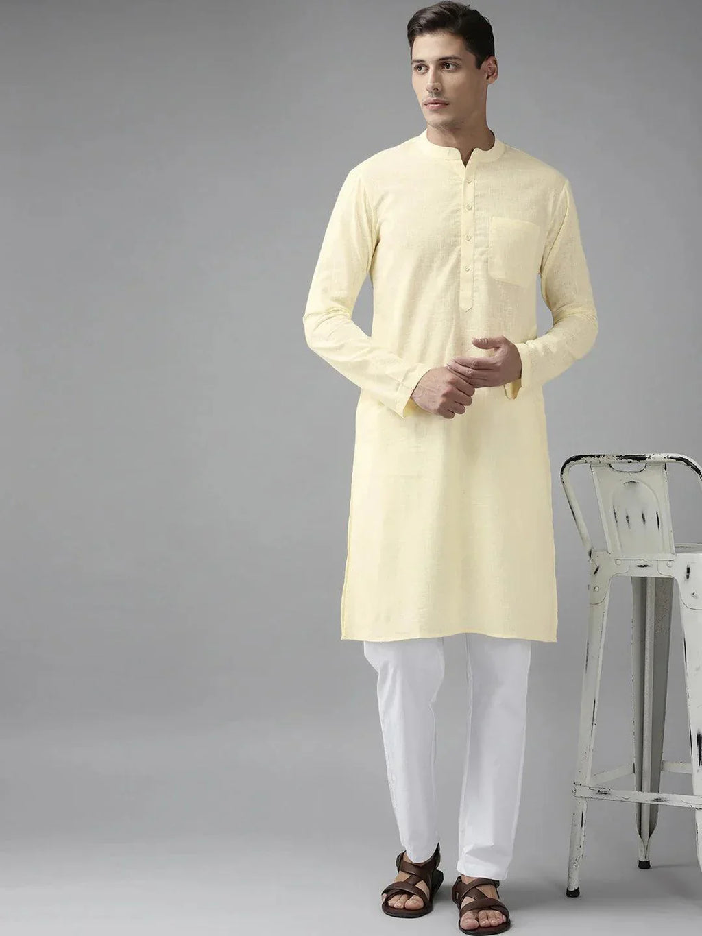 Fabmade Men Cream Cotton Linen Kurta