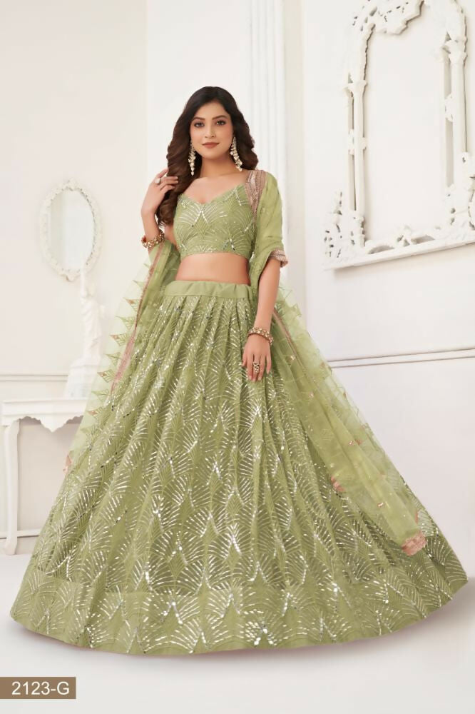 Aastha Fashion Pista Green Butterfly Net Tone To Tone Thread Work, Sequence Work And Original Mirror Work Embroidery Wedding Wear Lehenga Choli
