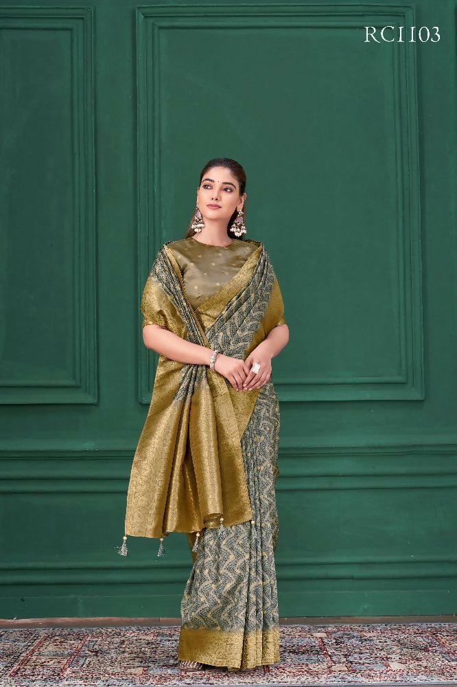 Grey Tussar Silk Jacquard Abstract Digital Print Saree with Unstitched Blouse - Mohira