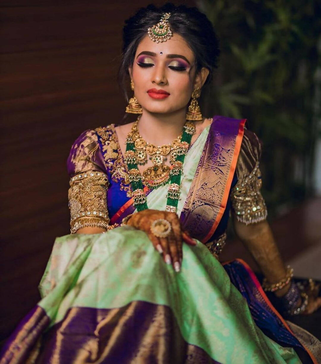 DEIANA'S Beautiful Designer Golden zari Soft Lichi Silk Saree - Pista