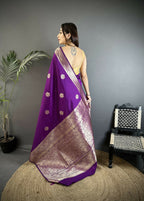 Joban Fashion Purple Floral Jacquard Woven Design Cotton Silk Banarasi Silk Saree - Distacart