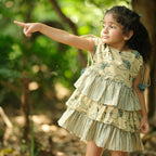 Mhyssa Beige and Blue Round Neck Flared Frock With Gathers