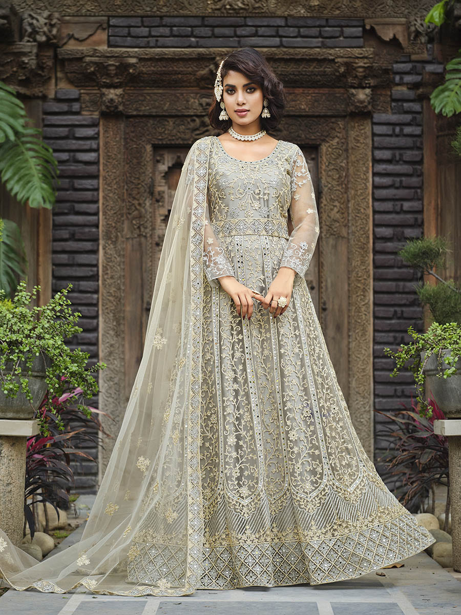 Myra Dusty Grey Butterfly Net Heavy Embroidered Designer Anarkali Suit