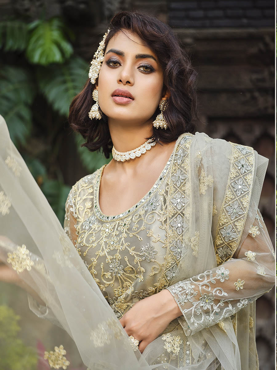 Myra Dusty Grey Butterfly Net Heavy Embroidered Designer Anarkali Suit