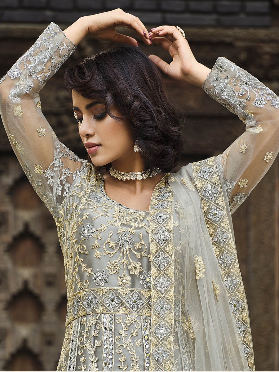 Myra Dusty Grey Butterfly Net Heavy Embroidered Designer Anarkali Suit