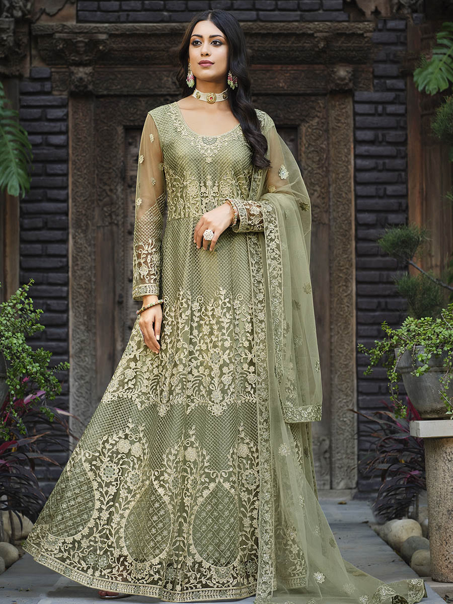 Myra Dusty Beige Butterfly Net Heavy Embroidered Designer Anarkali Suit