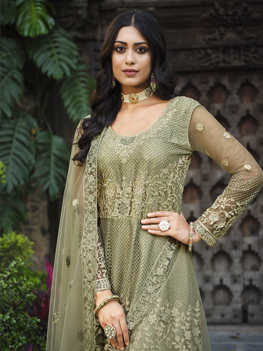 Myra Dusty Beige Butterfly Net Heavy Embroidered Designer Anarkali Suit