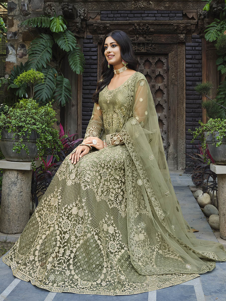 Myra Dusty Beige Butterfly Net Heavy Embroidered Designer Anarkali Suit