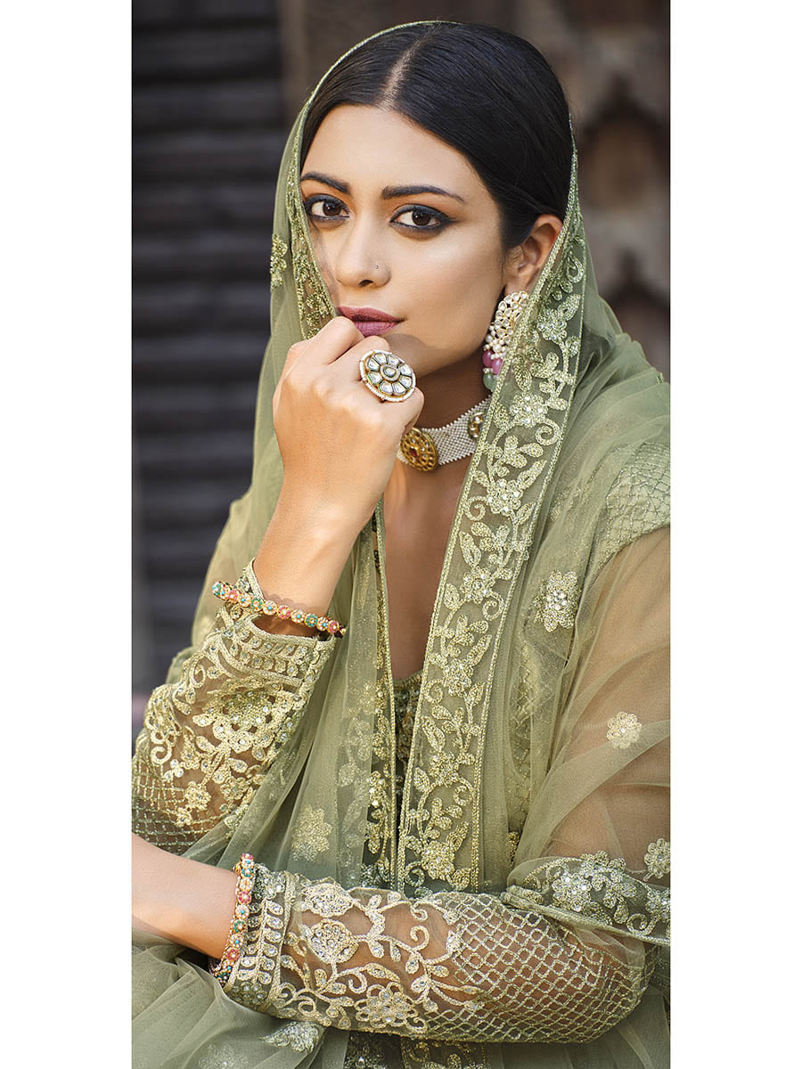 Myra Dusty Beige Butterfly Net Heavy Embroidered Designer Anarkali Suit