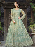 Myra Dusty Pista Butterfly Net Heavy Embroidered Designer Anarkali Suit