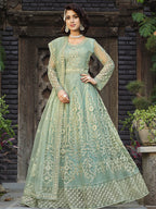 Myra Dusty Pista Butterfly Net Heavy Embroidered Designer Anarkali Suit
