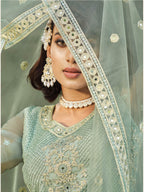Myra Dusty Pista Butterfly Net Heavy Embroidered Designer Anarkali Suit