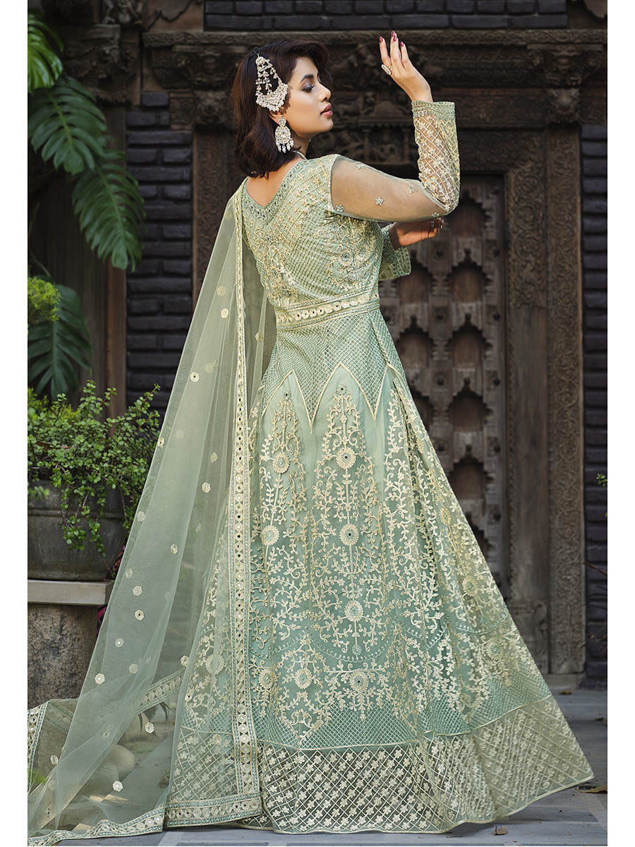 Myra Dusty Pista Butterfly Net Heavy Embroidered Designer Anarkali Suit