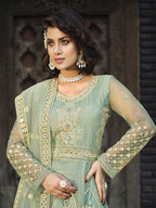 Myra Dusty Pista Butterfly Net Heavy Embroidered Designer Anarkali Suit