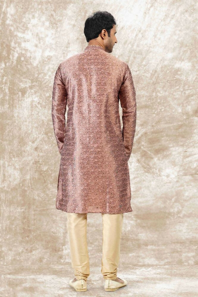 Raivat Ethnic Jacquard Silk Brocade Mirror and Thread Work Kurta Pajama In Onion Pink Colour